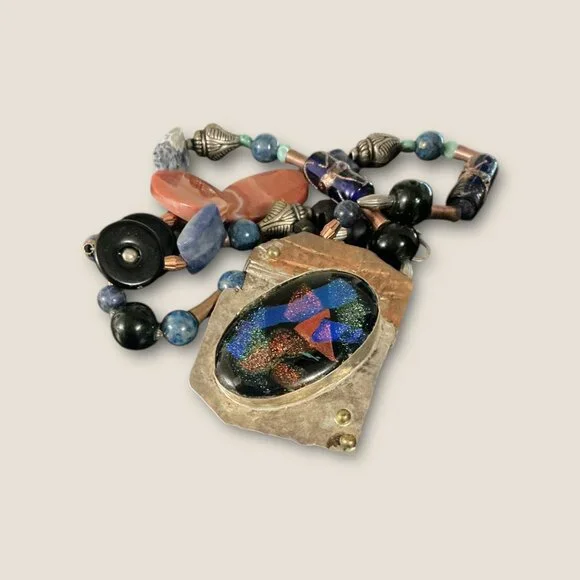 Handmade  Sterling Mixed Media Beaded Necklace With Dichroic Glass & Stone Penda - Picture 3 of 9